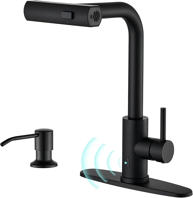 AVSIILE Matte Black Touchless Kitchen Faucets with Pull Down Sprayer & Soap Dispenser, Waterfall Single Hole & Handle, Pull Out Sink Faucet, Suitable for Farmhouse Camper Laundry Rv Bar