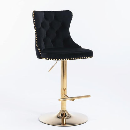 Rhomtree Velvet Swivel Bar Stools Upholstered Bar Stool with Button Tufted Back and Pull Ring Height Adjustable Barstools 25-33 Inch for Home Pub and Kitchen Island (Black with Gold Base, Set of 2)