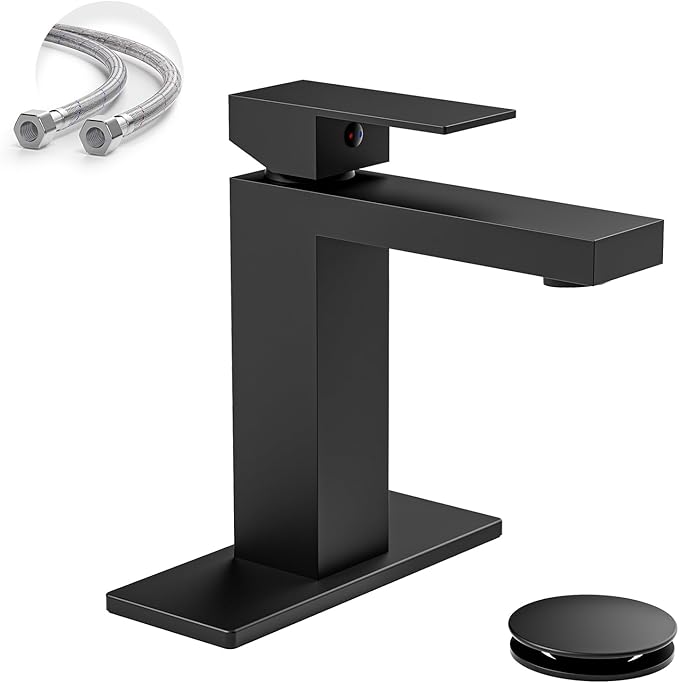 Matte Black Bathroom Faucet Single Hole, 304 Stainless Steel Lead-Free Faucet with Anti-Fingerprint Surface, Single Handle Vanity Faucet with Deck Plate and Pop-Up Drain