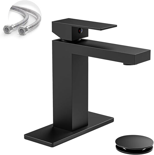 Matte Black Bathroom Faucet Single Hole, 304 Stainless Steel Lead-Free Faucet with Anti-Fingerprint Surface, Single Handle Vanity Faucet with Deck Plate and Pop-Up Drain