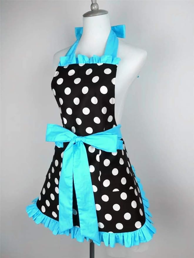 Hyzrz Cute Apron Retro Black Polka Dot Retro Ruffle Side Vintage Cooking Aprons with Pockets for Women Girls (Side Blue)