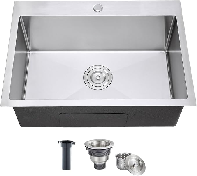 28 Inch Drop in Kitchen Sink, 18 Gauge 304 Stainless Steel Topmount Single Bowl Single Faucet Hole Handmade Kitchen Sink, 28" x 18" x 9"