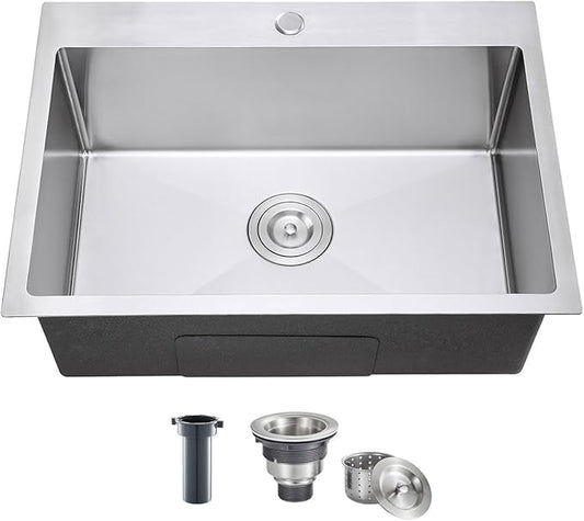 28 Inch Drop in Kitchen Sink, 18 Gauge 304 Stainless Steel Topmount Single Bowl Single Faucet Hole Handmade Kitchen Sink, 28" x 18" x 9"