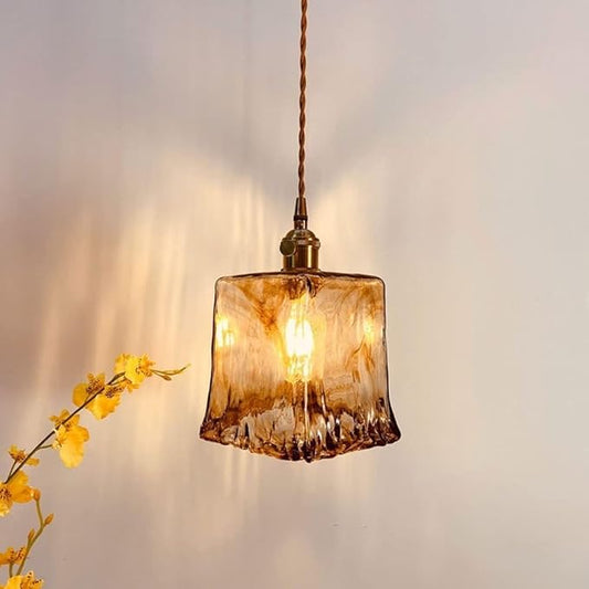 Vintage Amber Glass Pendant Light, Mid Century Square Brushed Brass Hanging Pendant Chandelier, E26/E27 Adjustable Height Farmhouse Pendant Lamp Fixture for Kitchen Island Living Room Dinning Room