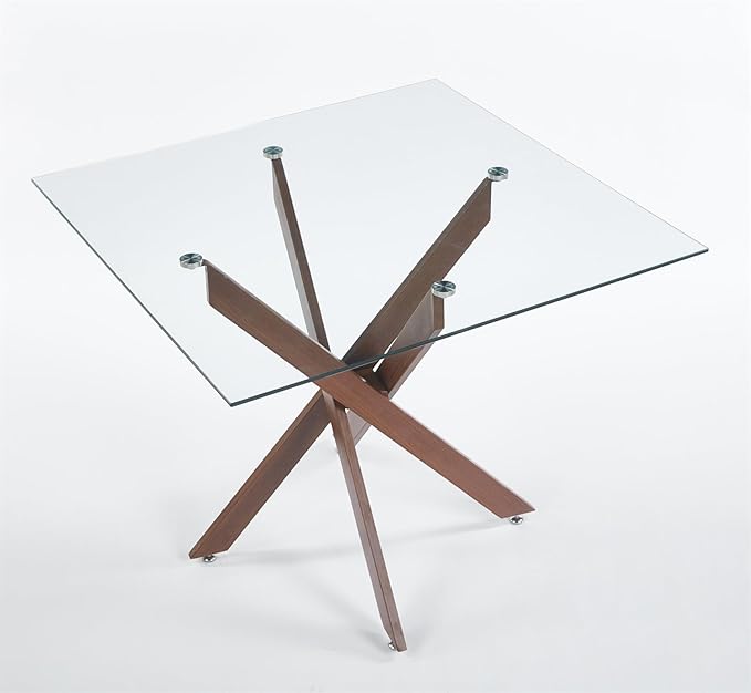 36'' Square Glass Dining Table for 2-4, X-Shape Walnut Metal Legs, Glass Tea Table Square Kitchen Table for Small Space