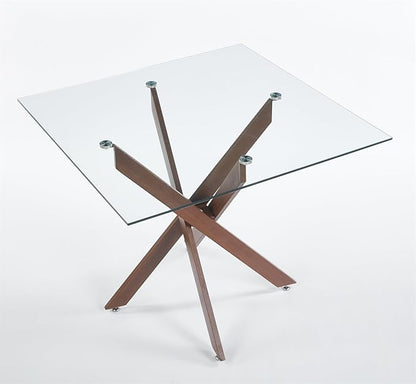 36'' Square Glass Dining Table for 2-4, X-Shape Walnut Metal Legs, Glass Tea Table Square Kitchen Table for Small Space