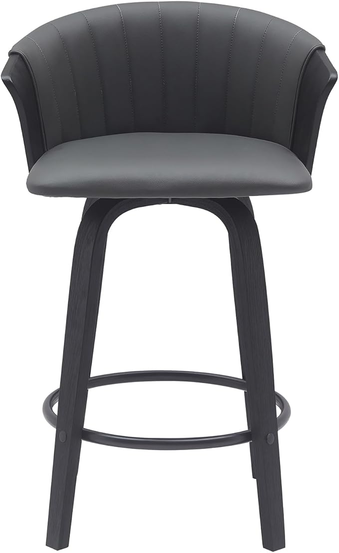 Armen Living Diana 26" Seat Height Mid Century Modern Swivel Black Wood Bar Stool for Kitchen Island Counter in Gray Faux Leather