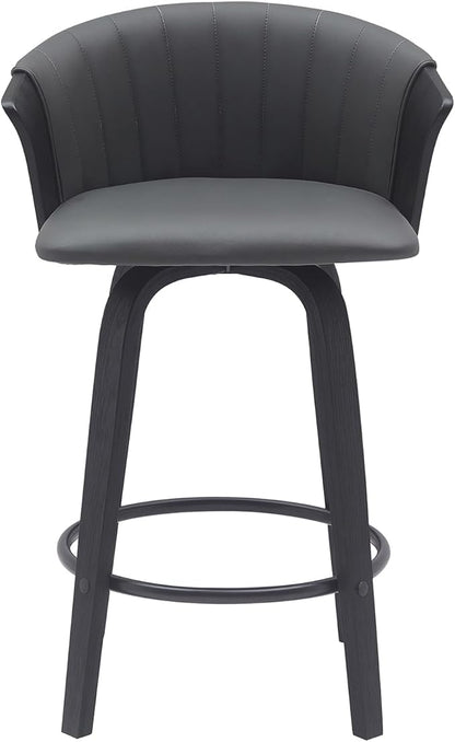 Armen Living Diana 26" Seat Height Mid Century Modern Swivel Black Wood Bar Stool for Kitchen Island Counter in Gray Faux Leather