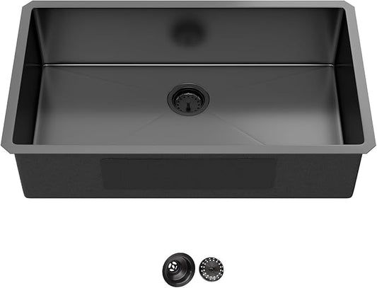 30 Inch Black Kitchen Sink Undermount-30x18x9 Stainless Steel Sinks Single Bowl black sink 304 18 Gauge Basin with Drain Assembly