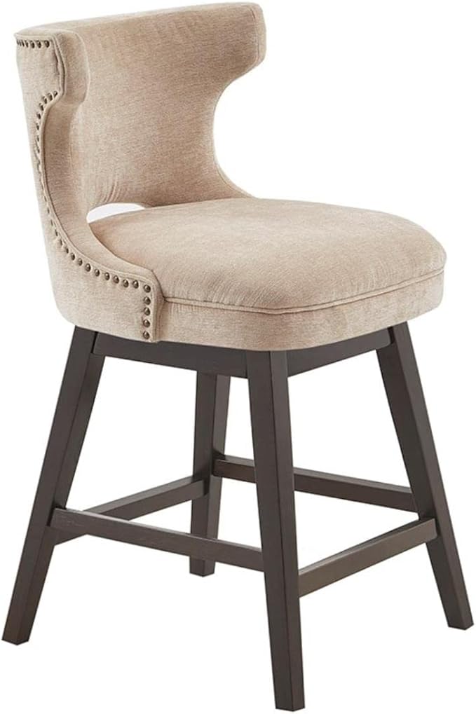 Madison Park Emmett Swivel Counter Stool - Chic Modern, Scoop Back, Counter Height Barstool, Kitchen Island Chair, Solid Wood Legs, Silver Nailhead Accent, Assembly Required, 37" High Beige
