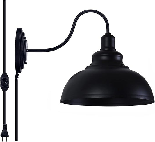 Lightess Dimmable Wall Sconce Plug in, Industrial Farmhouse Sconce with Dimmer On Off Switch, Black Barn Light Gooseneck Light Fixture, OLB11
