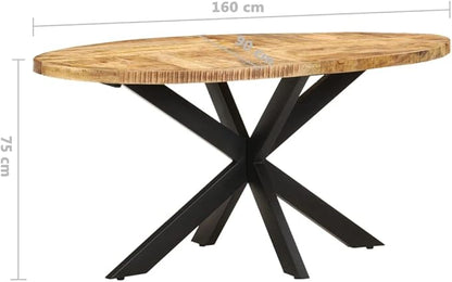 Industrial Style Dining Table for Kitchen Spaces, Rough Mango Wood, Oval Shape, Powder-Coated Steel Frame, Perfect for Family Room Meals