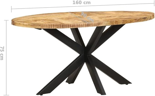 Dining Table Rough Mango Wood Powder-Coated Steel Oval Industrial Style for Kitchen & Dining Room, Seats 8 People, 63-inch Brown Centerpiece