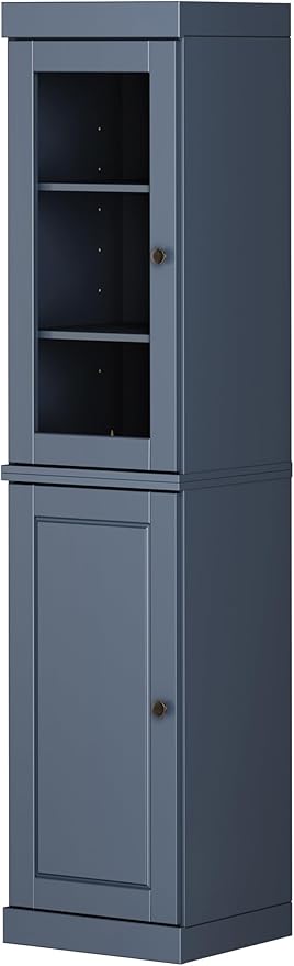 Palace Imports Solid Wood Kitchen Pantry - Narrow Storage Cabinet - 16.5" Wide x 71.5" Tall - 1 Raised Panel & 1 Glass Door, Antique Blue, Adjustable Shelves, 100% Eco-Friendly Wood, Modular Cabinets