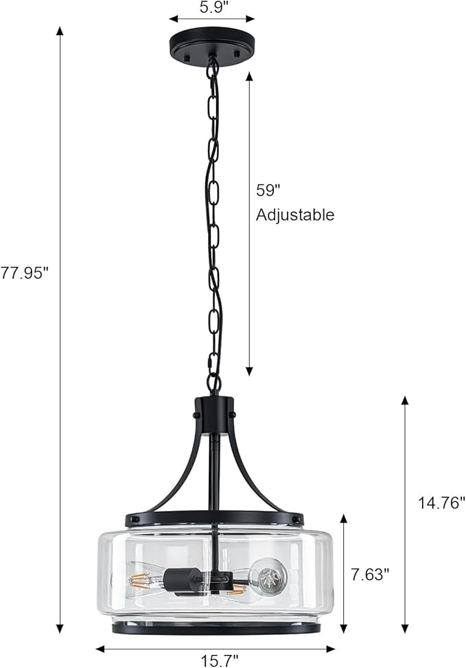 15.7 Inch Glass Drum Dining Room Light Fixture Over Table, Modern Black Chandeliers for Dining Room, Drum Pendant Light for Kitchen,Entryway,Living Room