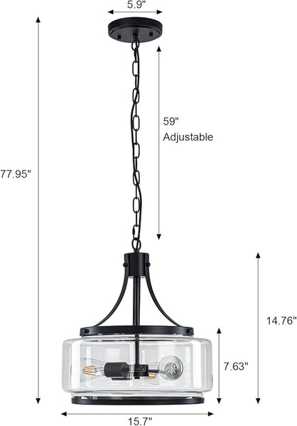 15.7 Inch Glass Drum Dining Room Light Fixture Over Table, Modern Black Chandeliers for Dining Room, Drum Pendant Light for Kitchen,Entryway,Living Room