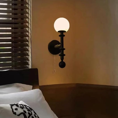 Vintage Wood Wall Sconce Globe Glass Wall Lamp with Pull Chain Switch, Farmhouse Bedside Aisle Deco Lighting Fixture Retro Modern Wooden Wall Light for Living Room Hallway Stairs, E27