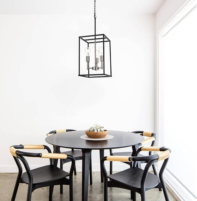 VINLUZ 3 Lights Lantern Kitchen Island Pendant Lighting in Black and Brushed Nickel Finish, Industrial Hanging Lantern Chandelier for Dining Room Living Room Adjustable Height