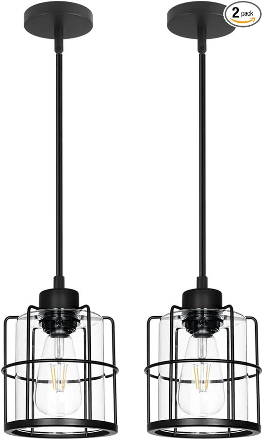 Farmhouse Pendant Lights Kitchen Island Set Of 2, Black Kitchen Island Lighting With Adjustable Rods, Industrial Cage Bathroom Pendant Lights With Clear Glass For Dining Room Hallway Sink