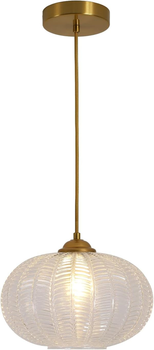 KCO Lighting Clear Ribbed Glass Pendant Light Vintage Brass Gold Pendant Lighting Large Globe Pendant Lights Kitchen Island Mid Century Modern Hanging Light for Living Room