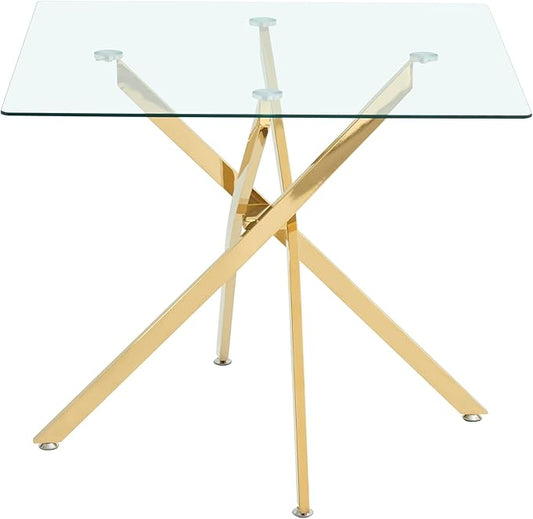 Square Glass Dining Table,Glass Dining Room Table with Metal Legs, Modern Glass Kitchen Table for Home, Kitchen, Dining Room