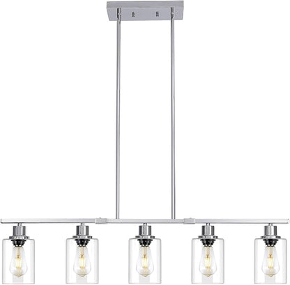 39.4" Kitchen Island Lighting, 5 Lights Clear Glass Pendant Light Fixtue, Chrome Linear Metal Chandelier for Dining&Living Room Foyer,Height Adjustable,E26 Socket
