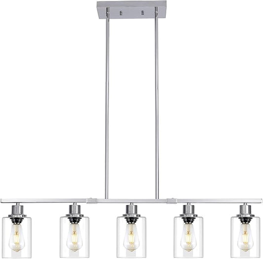 39.4" Kitchen Island Lighting, 5 Lights Clear Glass Pendant Light Fixtue, Chrome Linear Metal Chandelier for Dining&Living Room Foyer,Height Adjustable,E26 Socket