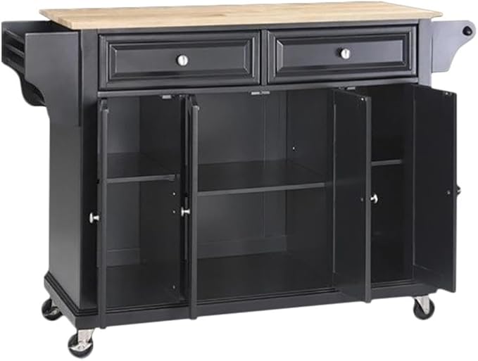 Crosley Furniture Full Size Wood Top Rolling Kitchen Island Storage Cart, Microwave Stand, Spice Rack, Black