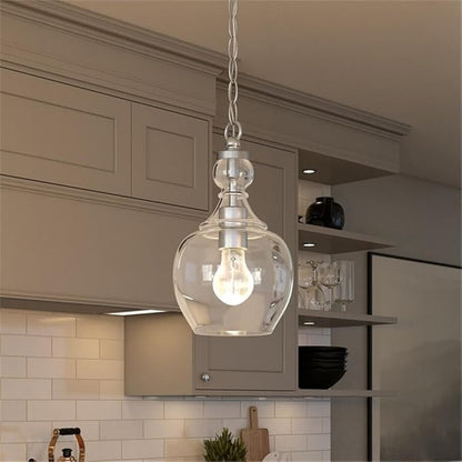 Henn&Hart 7" Wide Pendant with Glass Shade in Brushed Nickel/Clear, Pendant, Flush Mount Ceiling Light Fixture for Kitchen, Living Room
