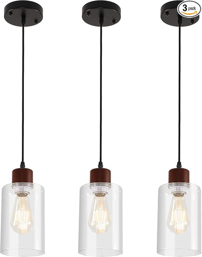 Modern Industrial Pendant Light, 3 Pack Mini Pendant Lighting with Clear Glass Shade, Adjustable Height, Rustic Wood Finish Ceiling Hanging Light Fixture for Kitchen Island Dining Room Bedroom