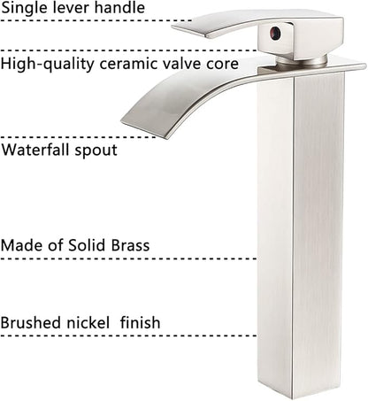 VOTON Vessel Sink Faucet Brushed Nickel Modern Tall Waterfall Bathroom Sink Faucet with Pop-Up Drain Single Handle Bathroom Faucet 1 Hole Bowl Lavatory Vanity Faucet, Rv Sink Camper Farmhouse Faucet