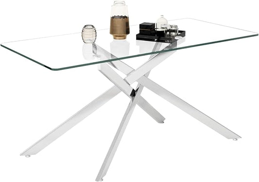 Glass Dining Table,60.63'' Rectangular Dining Kitchen Table,Modern X-Design Dining Room Table with Silver Stainless Steel Base for Dining Room (Silver,61'')