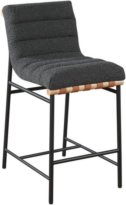 Lilola Home Lahni 18" W Dark Gray Boucle Fabric Counter Height Chair – Contemporary Upholstered Bar Stool with Cognac PU Leather Detail and Fully Assembled Design for Kitchen Dining Room