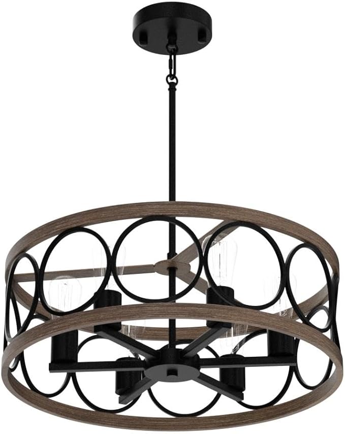 MEIXISUE Modern Farmhouse Drum Chandelier Black and Retro Wood Finish 6-Lights Round Metal Antique Vintage Chandelier Light Fixtures for Kitchen Dining Room Living Room Bedroom
