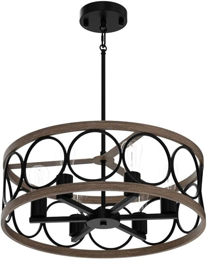 MEIXISUE Modern Farmhouse Drum Chandelier Black and Retro Wood Finish 6-Lights Round Metal Antique Vintage Chandelier Light Fixtures for Kitchen Dining Room Living Room Bedroom