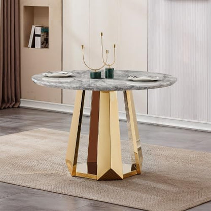 47" Round Marble Dining Table for 4-6, Luxury Modern Kitchen Table with Marble Grain MDF Tabletop & Gold Mirrored Stainless Steel Pedestal Base, Grey Stone Dinner Table for Dining Room (Table Only)