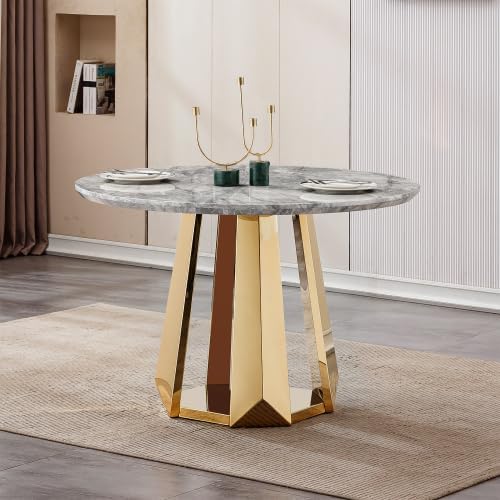 47" Round Marble Dining Table for 4-6, Luxury Modern Kitchen Table with Marble Grain MDF Tabletop & Gold Mirrored Stainless Steel Pedestal Base, Grey Stone Dinner Table for Dining Room (Table Only)