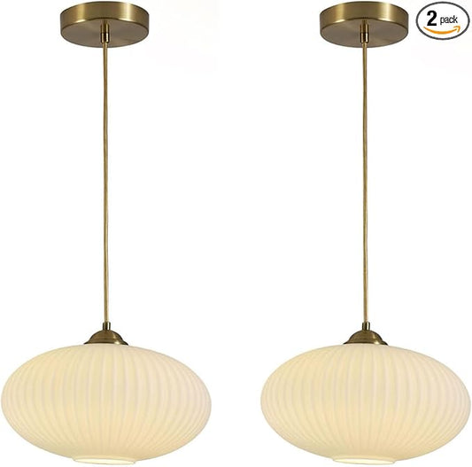 White Milk Glass Pendant Lights Kitchen Island Mid Century Modern Globe Pendant Lamp White and Gold Hanging Light Fixture Antique Brass Hanging Lights (2 Pack)