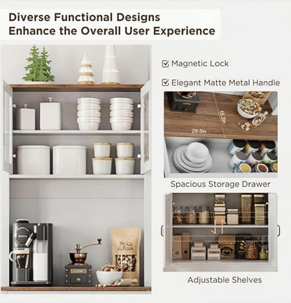 IDEALHOUSE Kitchen Pantry Cabinet with Microwave Stand, 71”Freestanding Tall Kitchen Cabinet with Doors and Shelves for Dining Room, White