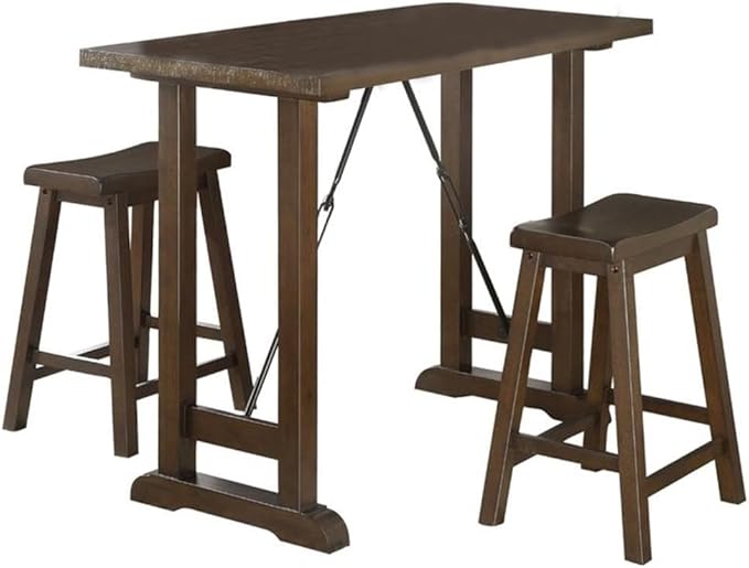 Pemberly Row 3 Piece Wood Counter Height Dining Set with Saddle Stools, Small Farmhouse Bar Table for 2 People, Tall Dinette Set for Smal Space, Dark Brown