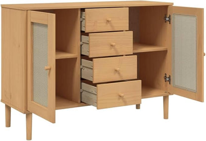 Brown Solid Pine Wood Sideboard, Engineered Wood Rattan Look Buffet Cabinet with 4 Drawers, 2 Sliding Doors, 44.1" Wide for Living Room, Dining Room Kitchen Furniture