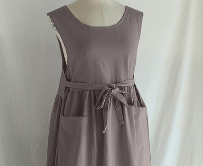 Women Plus Size Cotton Linen Vintage Pleated Split Apron Pinafore Dress with Two Pockets