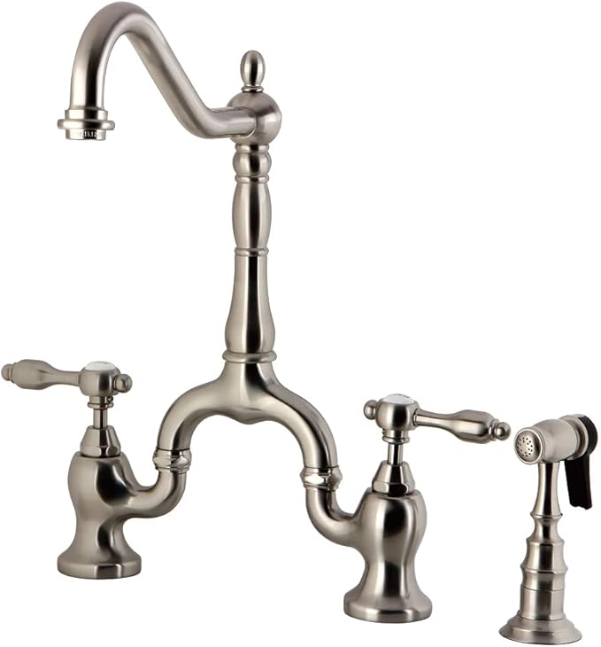 Kingston Brass KS7758TALBS Tudor Bridge Kitchen Faucet with Brass Sprayer, Brushed Nickel