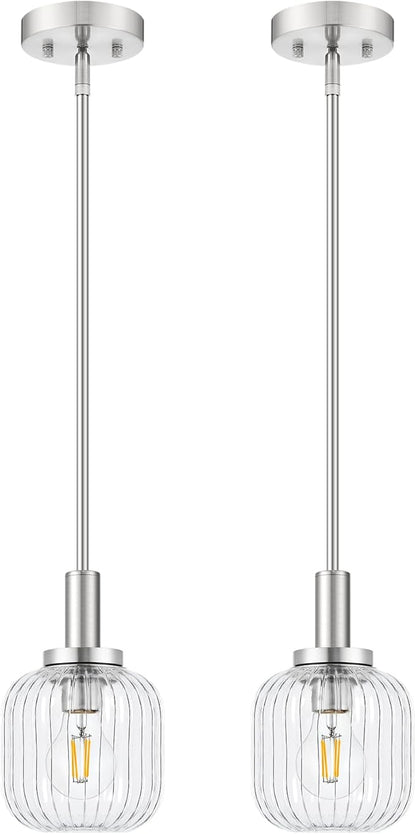Brushed Nickel Pendant Lights Kitchen Island 2 Pack, 5.9" Modern Glass Pendant Light with Clear Glass and Rods, Mini Hanging Lighting for Kitchen Sink Bathroom Bedroom, OS-YQ7749-2PBN