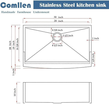 Comllen Commercial 30x20 Inch 304 Stainless Steel Farmhouse Sink, Single Bowl Kitchen Sinks 16 Gauge 9 Inch Deep Handmade Undermount Farm Apron Front Kitchen Sink