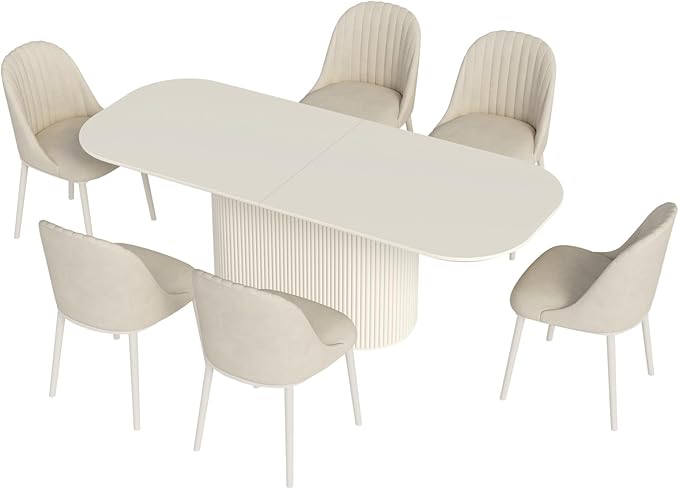 Miuuod 86.61" Cream White Dining Table Set for 6 People Large Kitchen Table with 6 Chairs Rectangular Wood Dining Room Furniture Oval Base Modern Farmhouse Table for Living Room Home Office