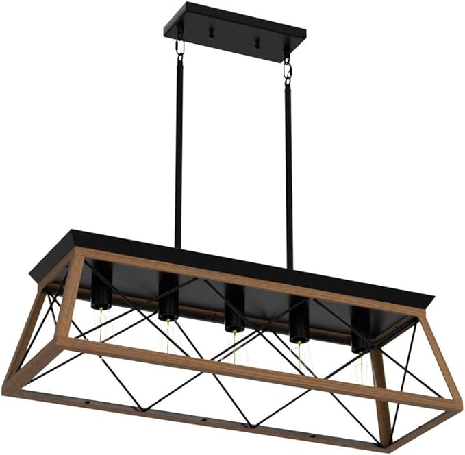 Farmhouse Chandeliers for Dining Room, Rustic Kitchen Island Light Fixture, 5-Light Linear Pendant Lighting Rectangular Chandelier, Metal Solid Ceiling Lights