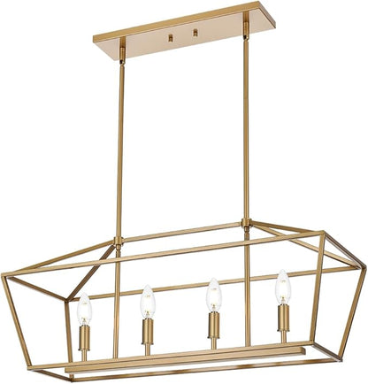BONLICHT Traditional Dining Room Linear Chandelier Brushed Brass 4 Light Farmhouse Kitchen Island Lantern Pendant Lighting Fixture Hanging Rectangle Gold Pendant Lamp for Restaurant Bar, E12 Base
