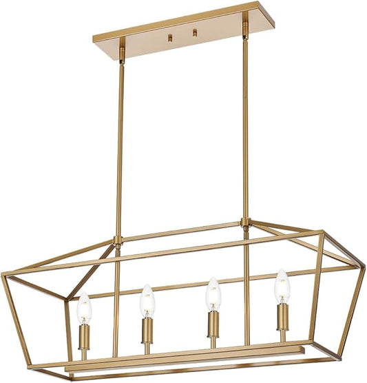 BONLICHT Traditional Dining Room Linear Chandelier Brushed Brass 4 Light Farmhouse Kitchen Island Lantern Pendant Lighting Fixture Hanging Rectangle Gold Pendant Lamp for Restaurant Bar, E12 Base