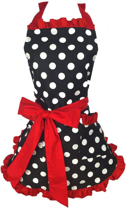 Hyzrz Cute Apron Retro Black Polka Dot Retro Ruffle Side Vintage Cooking Aprons with Pockets for Women Girls (Side Red)